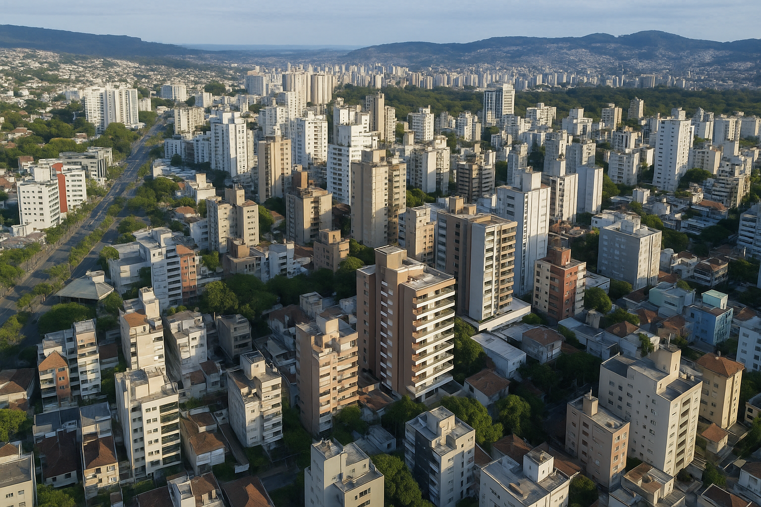 Vista aérea de cidade urbanizada entre áreas verdes e montanhas