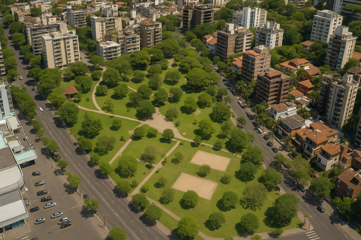 Vista aérea de parque urbano arborizado cercado por edifícios residenciais