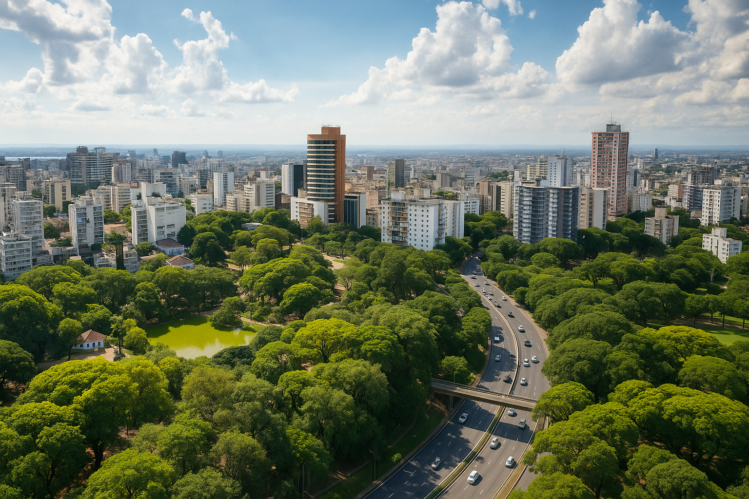 Vista aérea de parque arborizado com lago, avenida e skyline urbano ao fundo